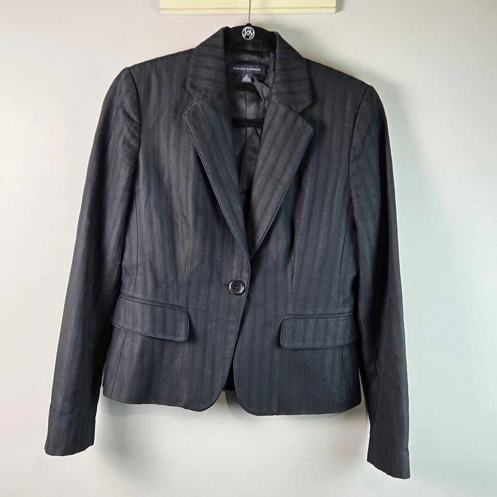 Banana Republic Blazer Women 6 Black Excellent Textured Pinstripe 253592-00